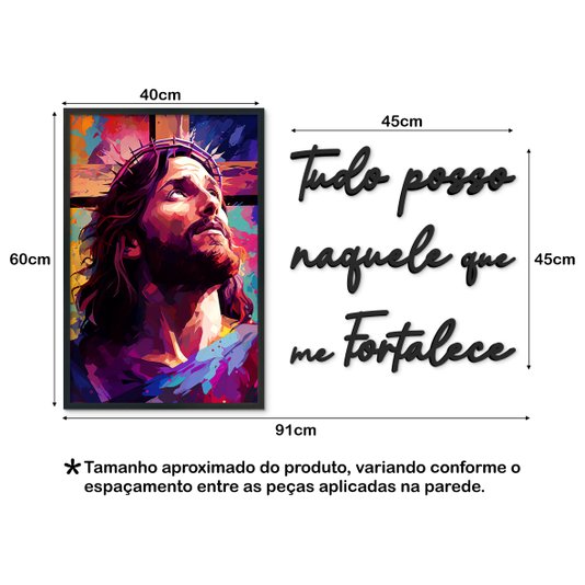 Kit Quadro Decorativo Jesus e Frase Preta de Parede Tudo Posso Naquele Que Me Fortalece