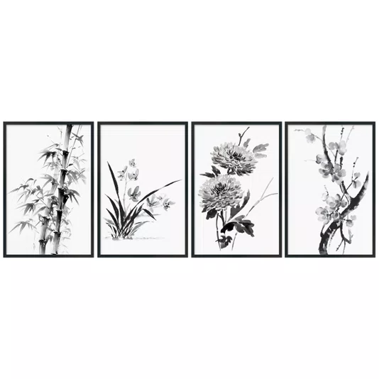 Kit Quadros Decorativas Shikun-Shi Pintura dos Quatro Nobres no Estilo Sumie