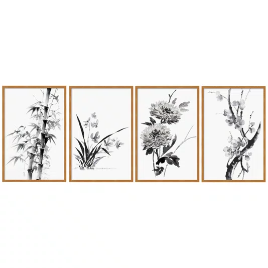 Kit Quadros Decorativas Shikun-Shi Pintura dos Quatro Nobres no Estilo Sumie
