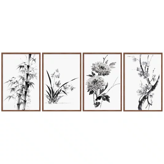Kit Quadros Decorativas Shikun-Shi Pintura dos Quatro Nobres no Estilo Sumie