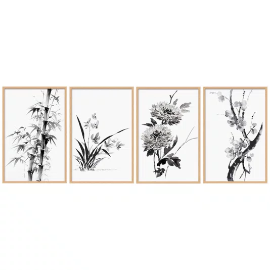Kit Quadros Decorativas Shikun-Shi Pintura dos Quatro Nobres no Estilo Sumie