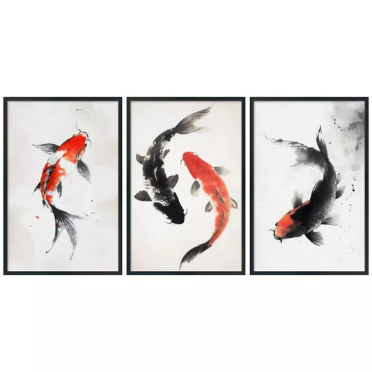 Kit Quadros Decorativos Koi Pintura de Carpas Nadando no Estilo Sumiê