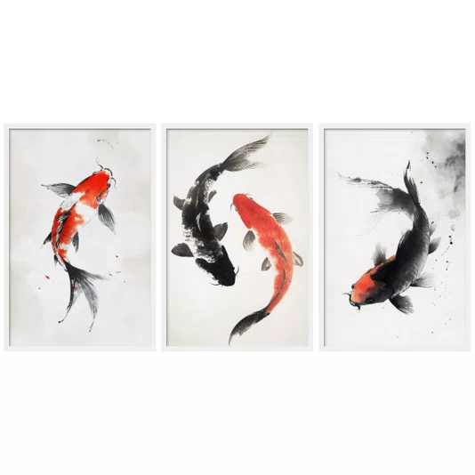 Kit Quadros Decorativos Koi Pintura de Carpas Nadando no Estilo Sumiê