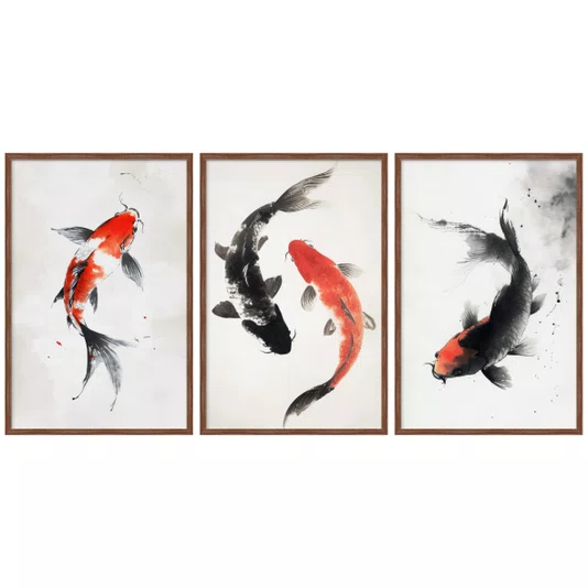 Kit Quadros Decorativos Koi Pintura de Carpas Nadando no Estilo Sumiê