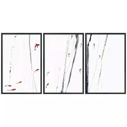Kit Quadros Decorativos Koi Pintura de Carpas Nadando no Estilo Sumiê