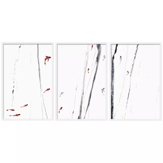 Kit Quadros Decorativos Koi Pintura de Carpas Nadando no Estilo Sumiê