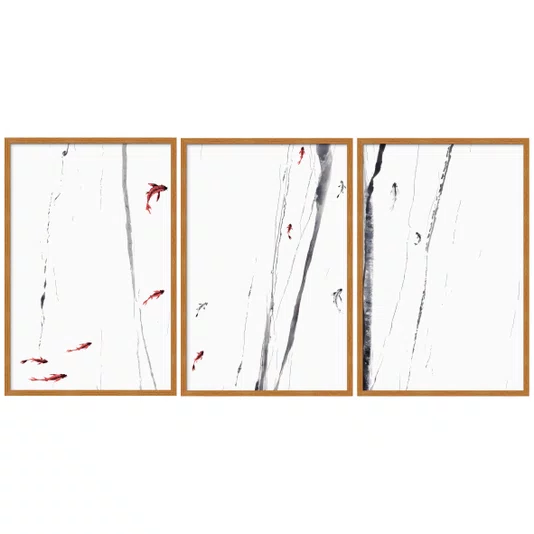 Kit Quadros Decorativos Koi Pintura de Carpas Nadando no Estilo Sumiê