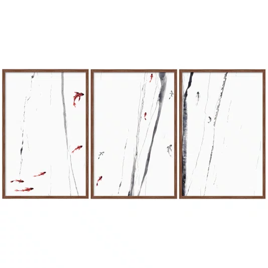 Kit Quadros Decorativos Koi Pintura de Carpas Nadando no Estilo Sumiê