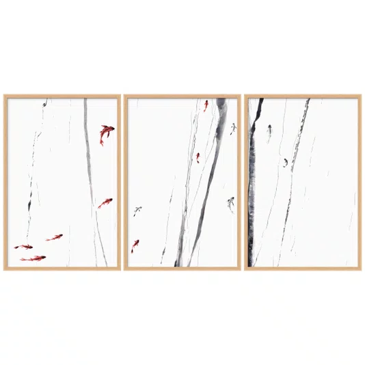 Kit Quadros Decorativos Koi Pintura de Carpas Nadando no Estilo Sumiê