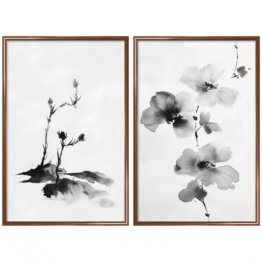 Kit Quadros Decorativos Meiso Orquídea Florescendo no Estilo Sumie