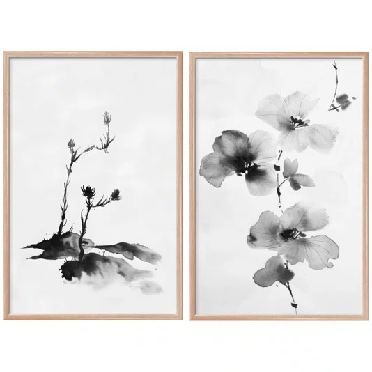 Kit Quadros Decorativos Meiso Orquídea Florescendo no Estilo Sumie