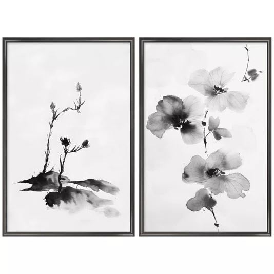 Kit Quadros Decorativos Meiso Orquídea Florescendo no Estilo Sumie