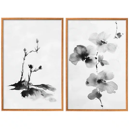 Kit Quadros Decorativos Meiso Orquídea Florescendo no Estilo Sumie