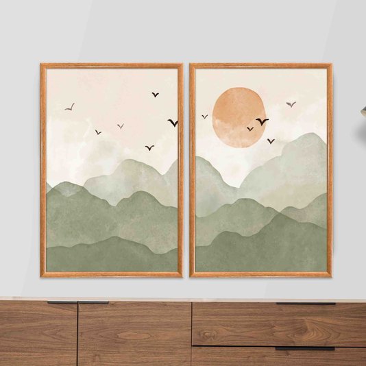 Kit Quadros Decorativos Pássaros nas Montanhas E Sol Aquarela