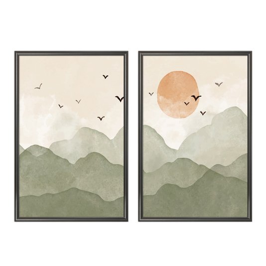 Kit Quadros Decorativos Pássaros nas Montanhas E Sol Aquarela