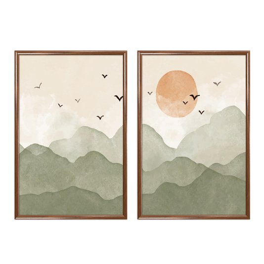 Kit Quadros Decorativos Pássaros nas Montanhas E Sol Aquarela