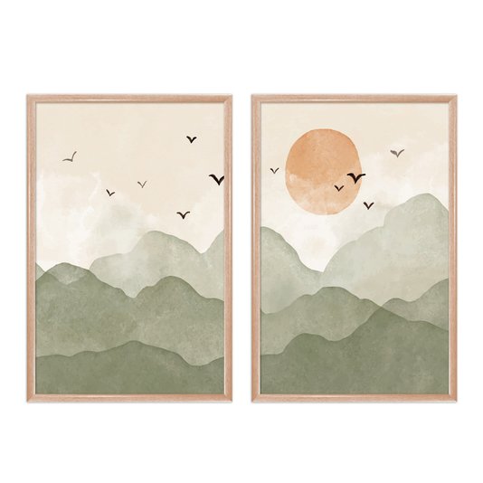 Kit Quadros Decorativos Pássaros nas Montanhas E Sol Aquarela