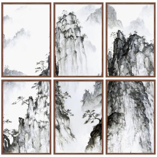 Kit Quadros Decorativos Yama Pintura de Montanhas no Estilo Sumiê
