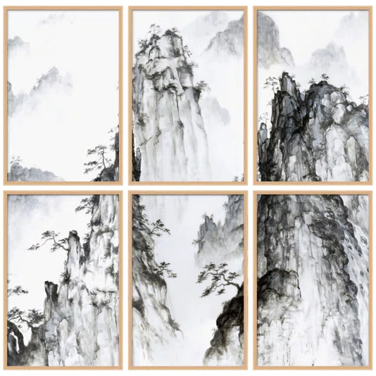 Kit Quadros Decorativos Yama Pintura de Montanhas no Estilo Sumiê