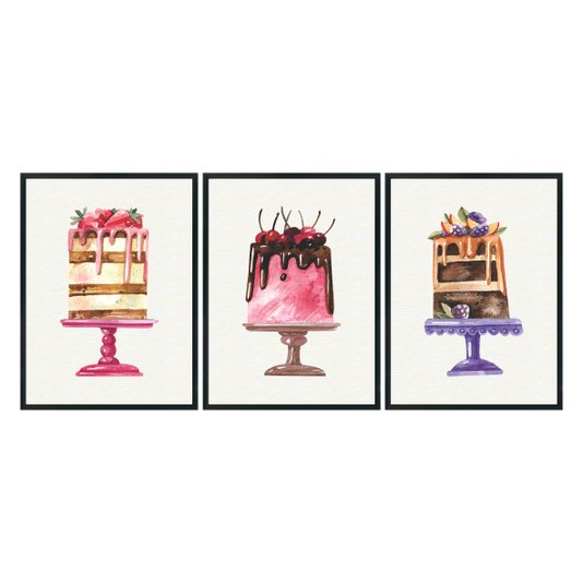 Kit Trio de Quadros Bolos Coloridos e Gostosos Watercolor