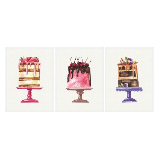 Kit Trio de Quadros Bolos Coloridos e Gostosos Watercolor