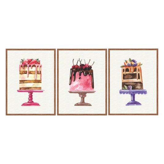 Kit Trio de Quadros Bolos Coloridos e Gostosos Watercolor