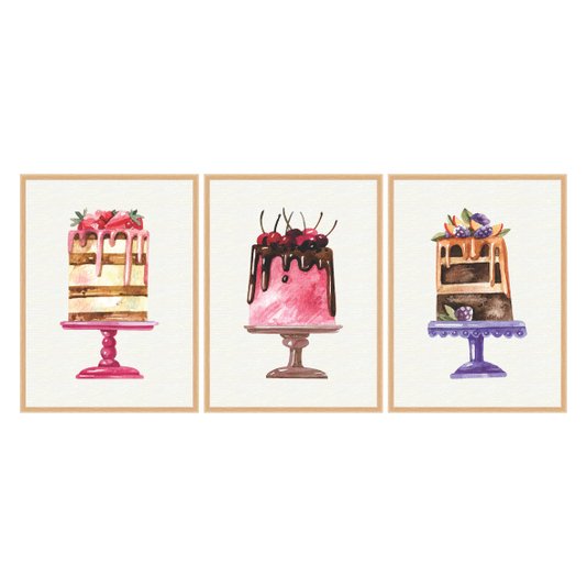 Kit Trio de Quadros Bolos Coloridos e Gostosos Watercolor