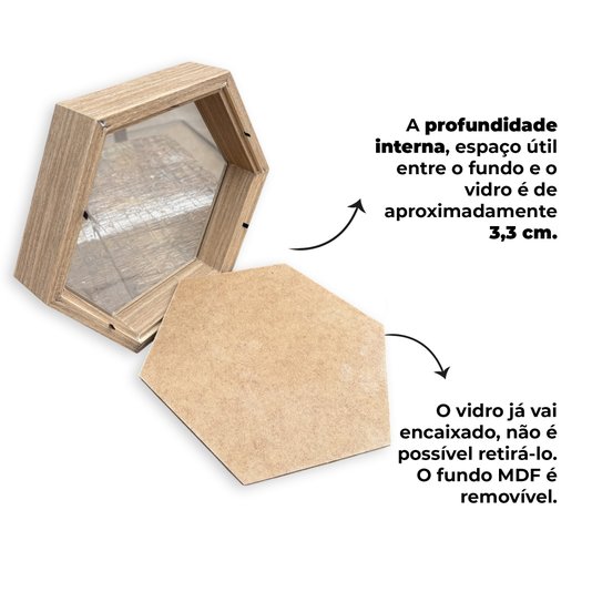 Moldura Hexagonal Caixa Alta Com Vidro Expositora Folhas Secas Bordados Quadros Quilling Scrapbook - Revestida - 1,5x4,5