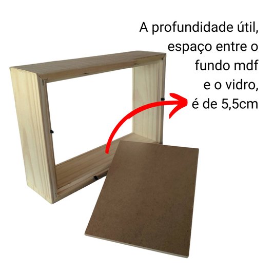 Moldura Caixa Alta com Vidro para Quadros Quilling e Scrapbook Mais Fundo em Mdf com Suporte - 1,5x6,5