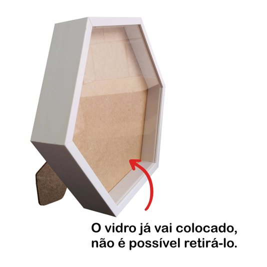 Moldura Caixa Alta Hexagonal com Vidro para Quadros Quilling e Scrapbook Mais Fundo em Mdf com Suporte - 1,5x6,5