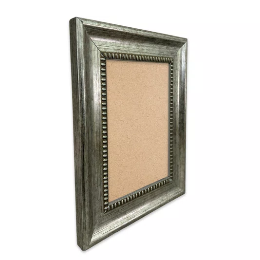 Moldura Chanfrada Com Padrão Oval Gravado Em Relevo E Efeito Aço Metal Escovado Com Fundo MDF - 4,6x2,1