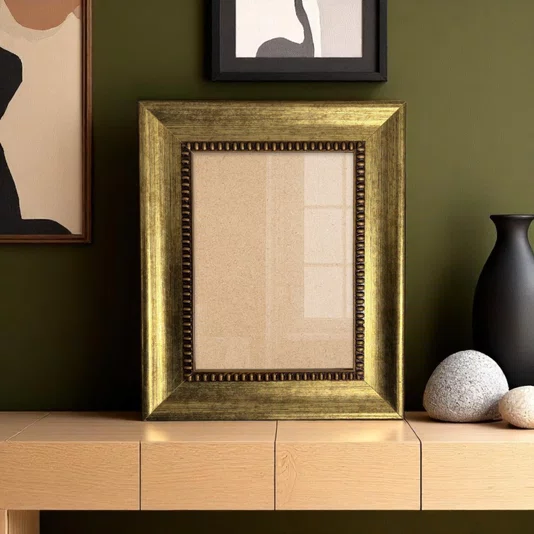 Moldura Chanfrada Com Padrão Oval Gravado Em Relevo E Efeito Aço Metal Escovado Para Quadros E Fotos Com Fundo MDF e Frente Em PS Cristal - 4,6x2,1
