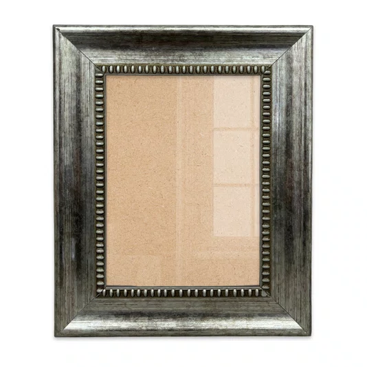 Moldura Chanfrada Com Padrão Oval Gravado Em Relevo E Efeito Aço Metal Escovado Para Quadros E Fotos Com Fundo MDF e Frente Em PS Cristal - 4,6x2,1