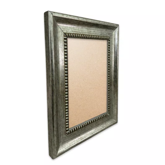 Moldura Chanfrada Com Padrão Oval Gravado Em Relevo E Efeito Aço Metal Escovado Para Quadros E Fotos Com Fundo MDF e Frente Em PVC Antirreflexo - 4,6x2,1