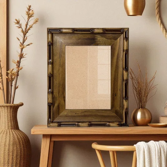 Moldura Chanfrada com Relevo de Bambu em Madeira Pinus para Quadros e Fotos com Fundo Mdf e Frente em PS Cristal Transparente -  5,4x2,1