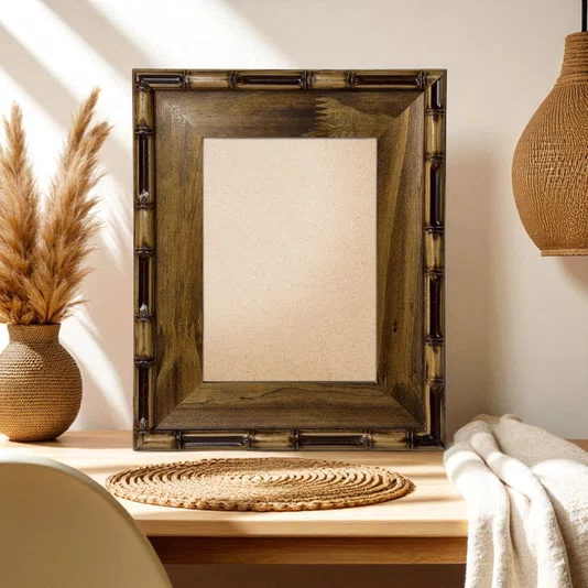 Moldura Chanfrada com Relevo de Bambu em Madeira Pinus para Quadros e Fotos com Fundo Mdf e Frente em PVC Antirreflexo -  5,4x2,1