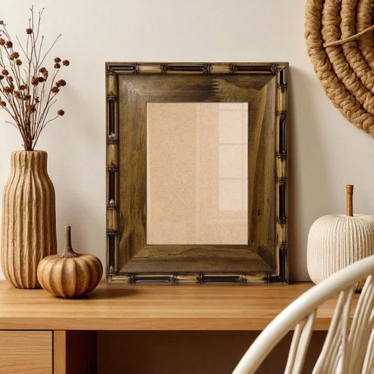 Moldura Chanfrada com Relevo de Bambu em Madeira Pinus para Quadros e Fotos com Fundo Mdf e Frente em Vidro -  5,4x2,1