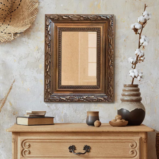 Moldura Com Gravação De Folhagens Para Quadros E Fotos Com Fundo MDF e Frente Em Acetato - 4,5x2