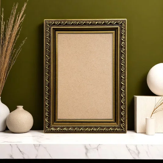 Moldura Personalizada Com Gravação Floral Em Relevo Com Filete Perolado e Acabamento Dourado Metalizado Com Fundo MDF- 2,1x1,8