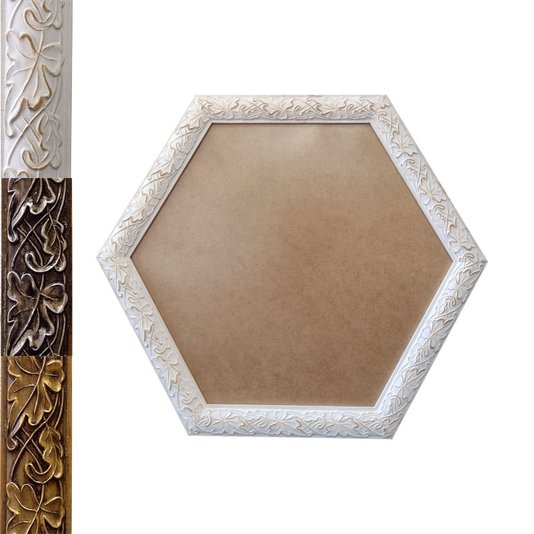 Moldura com Gravação de Folhas Ornamentais Hexagonal para Quadros com Fundo em MDF e PVC Antirreflexo - 3x1,5