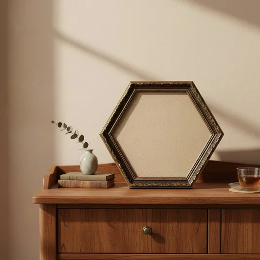 Moldura Dourada Hexagonal com Gravação para Quadros com Fundo em MDF e PVC Antirreflexo- 4x2,5