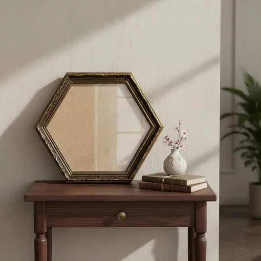 Moldura Dourada Hexagonal com Gravação para Quadros com Fundo em MDF e Vidro - 4x2,5