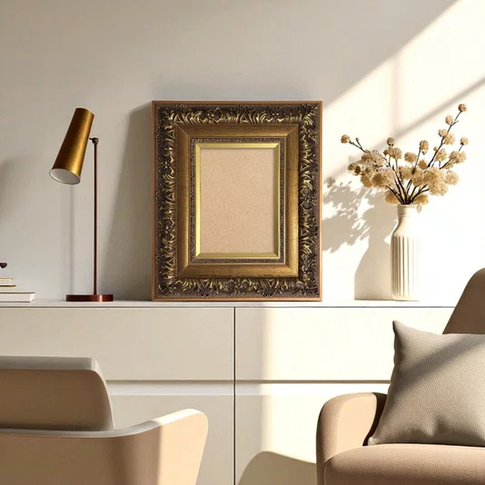 Moldura Estilo Renascentista com Perfil Interno Liso Chanfrado e Externo com Gravação Ornamental Efeito Metálico para Quadros e Fotos com Fundo Mdf - 9,2x2,7