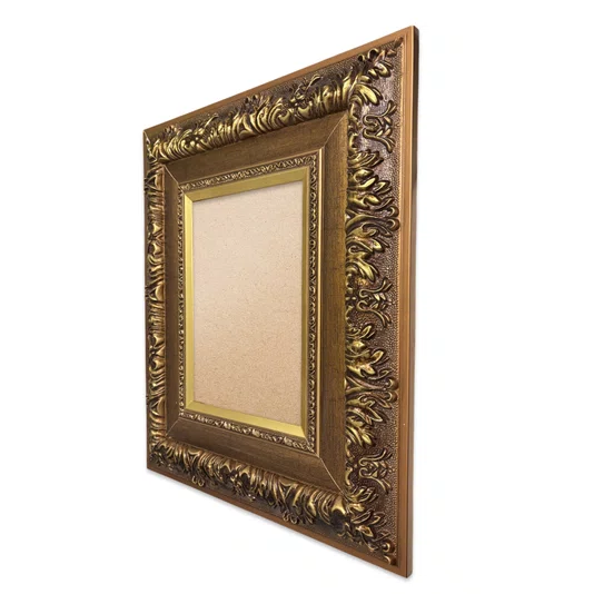 Moldura Estilo Renascentista com Perfil Interno Liso Chanfrado e Externo com Gravação Ornamental Efeito Metálico para Quadros e Fotos com Fundo Mdf e PVC Antirreflexo - 9,2x2,7