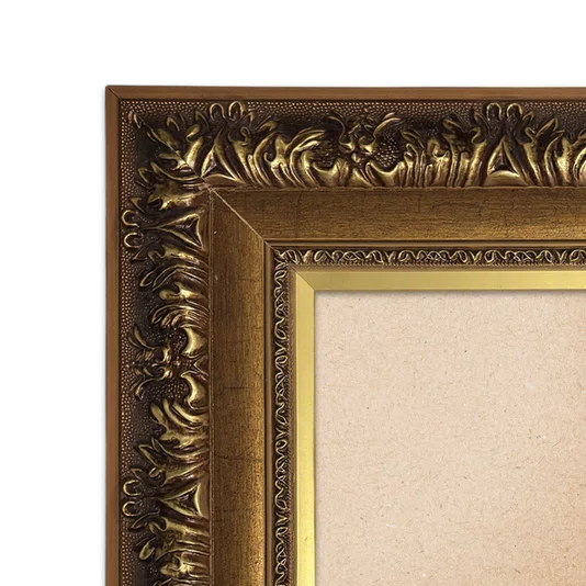 Moldura Estilo Renascentista com Perfil Interno Liso Chanfrado e Externo com Gravação Ornamental Efeito Metálico para Quadros e Fotos com Fundo Mdf e PVC Antirreflexo - 9,2x2,7