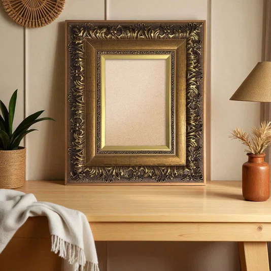 Moldura Estilo Renascentista com Perfil Interno Liso Chanfrado e Externo com Gravação Ornamental Efeito Metálico para Quadros e Fotos com Fundo Mdf e PVC Antirreflexo - 9,2x2,7
