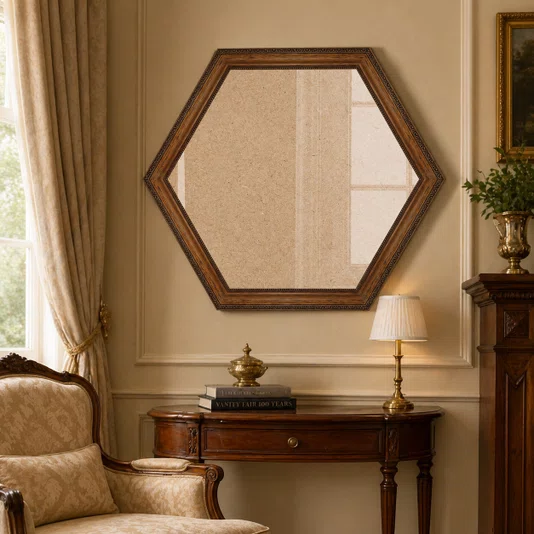 Moldura Hexagona de Madeira Clássica com Detalhes Gravadosl para Quadros e Fotos com Fundo Mdf e Frente em Vidro - 3,2x1,5