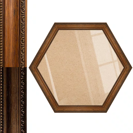 Moldura Hexagona de Madeira Clássica com Detalhes Gravadosl para Quadros e Fotos com Fundo Mdf e Frente em Vidro - 3,2x1,5