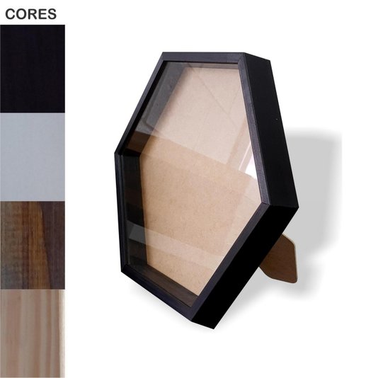 Moldura Hexagonal Caixa Alta com Vidro para Quadros Quilling e Scrapbook Mais Fundo em Mdf com Suporte - 1,5x4,5