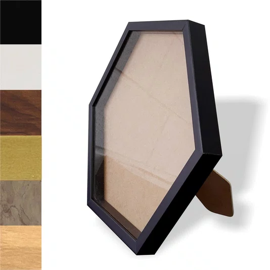 Moldura Hexagonal Caixa Alta com Vidro para Quadros Quilling e Scrapbook Mais Fundo em Mdf com Suporte - Revestida - 1,5x3